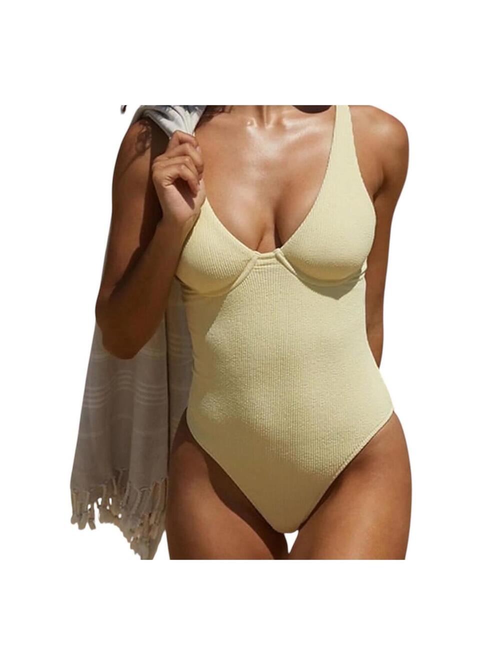 RHYTHM butter yellow Underwired high leg cheeky textured one piece swimsuit New